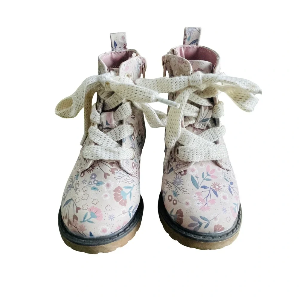 Cat & Jack Toddler Girls Floral Combat Boots Pink Blue Flower Size‎ 5 Zip Up